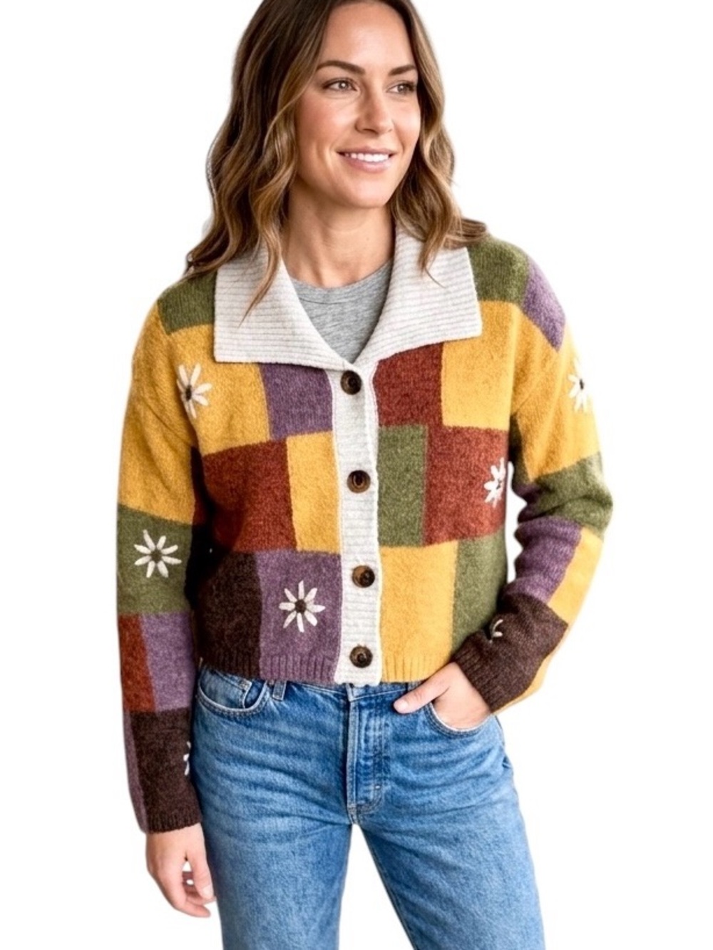 Cleo + Wolf Knit Patchwork Button Front Cropped Cardigan Sweater Size Medium